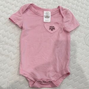 Pink Texas A&M Baby Onesie with Heart Logo
